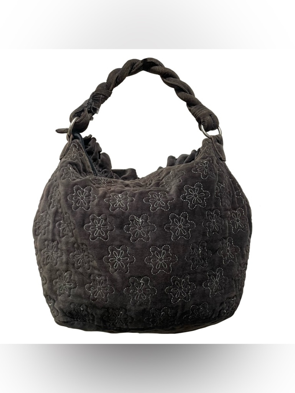 Y2K Chocolate Floral Embroidery Quilted Velvet Handbag Black Fairy Whimsigoth